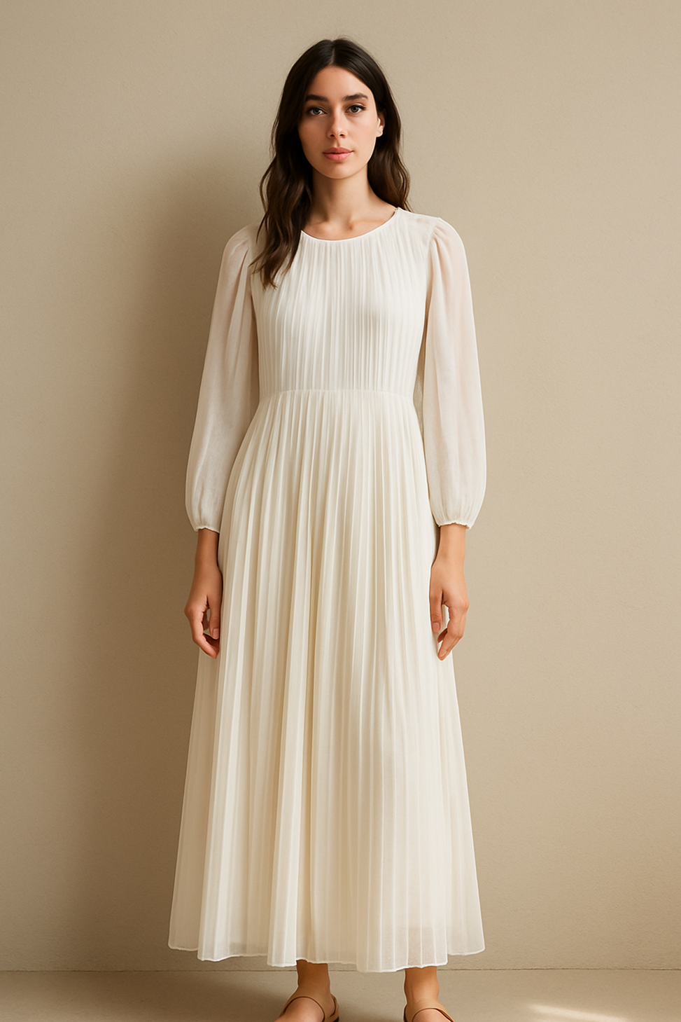 Yara Plissé Maxi Jurk – Ivory – Front