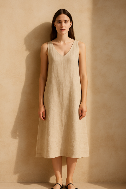 Amalia Linnen Zomerjurk – Beige – Front